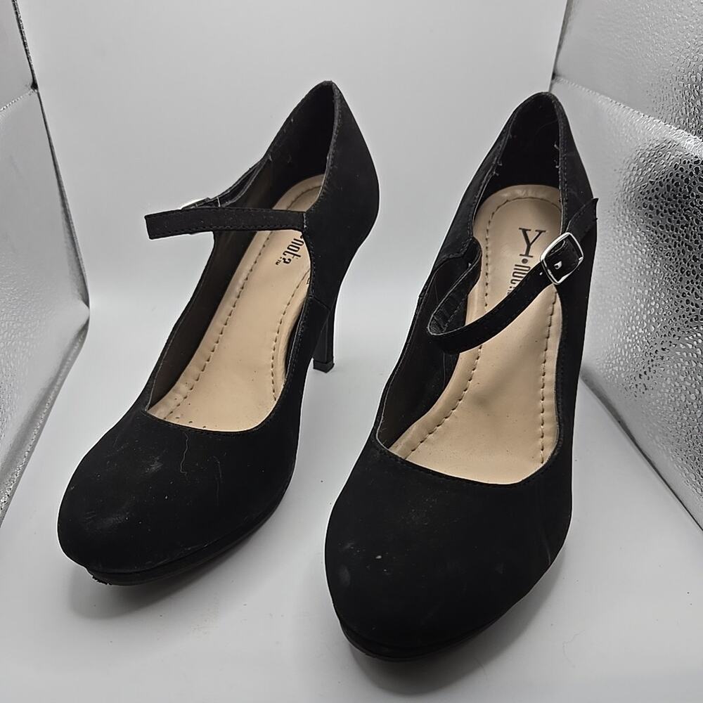 Y not? Comfort Mary Jane Black Suede Stiletto Heel Pumps Vintage Look 7.5